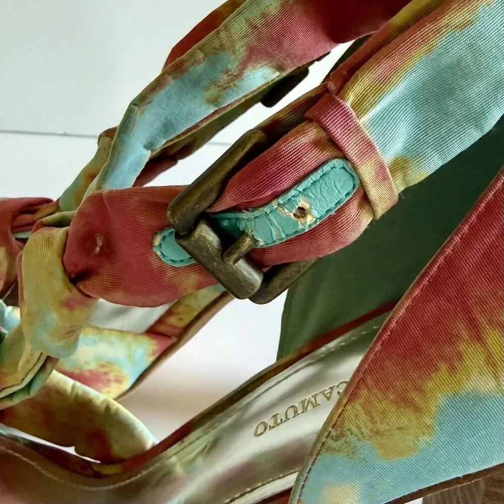 Vince Camuto Tie Dye Fabric Buckle Sandals High Block Heels Women's Size 9.5B